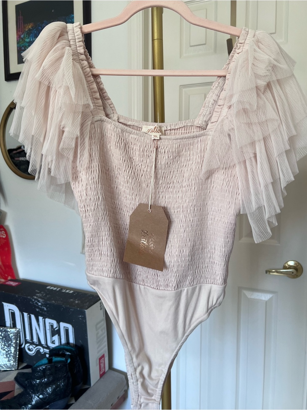 Listicle Cream Ruffled Tulle Shoulder Smocked Stretch Bodysuit MED NWT